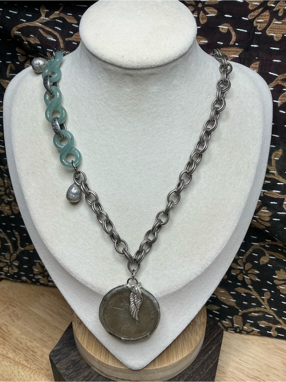 Antique Silver Rollo Necklace 17” with Angel Coin and Blue Water Jade Connectors - Picture 2 of 10
